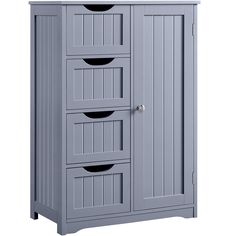 a gray cabinet with three drawers and two doors