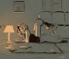 a drawing of a woman laying on the floor next to a lamp and reading a book