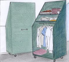 a drawing of a closet with clothes hanging on it