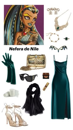 a woman in a green dress and accessories