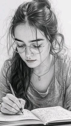 a pencil drawing of a girl with glasses and writing on a book while holding a pen