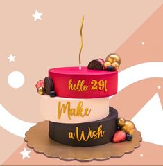 a three tiered cake with the words hello 29 and make a wish on it