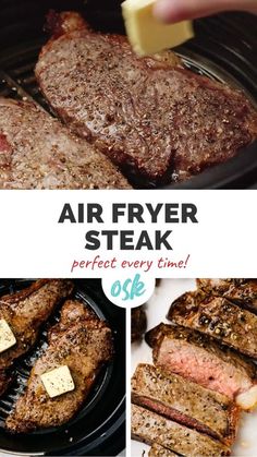 an air fryer steak is being cooked on the grill