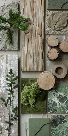 many different types of wood are arranged on the wall with green leaves and other things