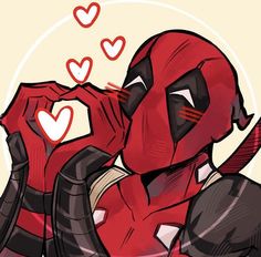 the deadpool is drinking out of a red cup with hearts coming out of it