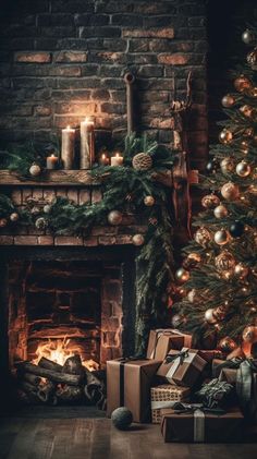 a christmas tree with presents under it in front of a fire place and a fireplace