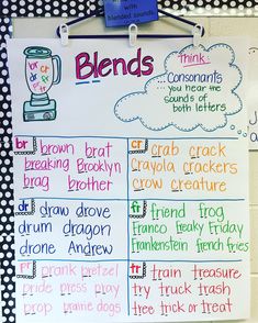 a bulletin board with words and pictures on it that include blends, crayons, and other things