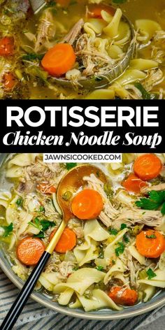 rotissee chicken noodle soup in a bowl with spoons and parsley