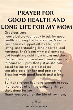 a prayer card with the words prayer for good health and long life for my mom