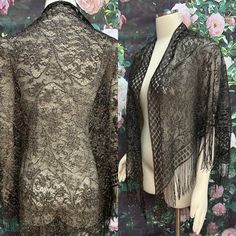 "Vintage 1970's triangular evening shawl has black floral netted lace with sparkly gold Lurex woven in. Extra large shawl measures 73\" wide and 45\" long with 5 inch fringe. Excellent condition with no damage. Please see photos for more details. All items are vintage that are preowned. All of the items may show some form of wear due to their age. Please kindly remember that these items are anywhere from 30-80 years old. I make every attempt to clearly describe the item, including any flaws or w Fringed Shawl For Party, Fitted Evening Shawl, Sheer Shawl For Evening, One Size Lace Shawl, Vintage Fringe Shawl For Festivals, Beaded Pouch, Evening Shawls, Flower Purses, Vintage Shawls