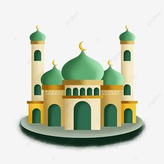 an illustration of a mosque with green domes and gold trimmings, architecture, building png and psd