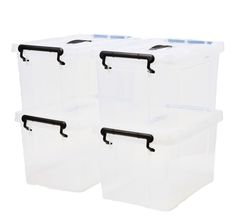 three plastic storage bins with handles on each side and two black handles on the other