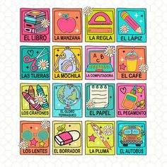 the spanish language poster is shown with different things on it, including books and school supplies