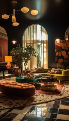 a living room filled with lots of furniture next to a large window covered in curtains