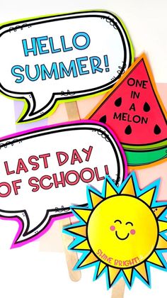 three speech bubbles with the words hello summer and one in a melon