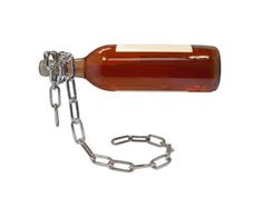 a bottle with chain attached to it on a white background