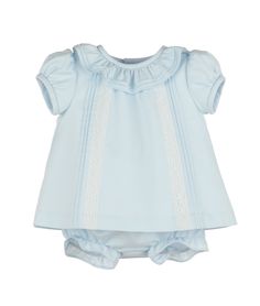 Elevate your little one's wardrobe with the Casero & Associates Pintucks & Lace Bishop outfit. Crafted in delicate light blue with a ruffle collar and matching bloomers, this luxury ensemble exudes sophistication and charm. Perfect for baby and newborn girls, it is designed to make a statement and capture attention. Spring Light Blue Ruffled Sets, Light Blue Ruffled Sets For Summer, Light Blue Fitted Short Sleeve Sets, Blue Cotton Ruffle Sets, Blue Cotton Ruffled Sets, Blue Short Sleeve Sets For Daywear, Blue Sets For Spring Daywear, Spring Baptism Ruffled Sets, Fitted Sets With Ruffles For Daywear