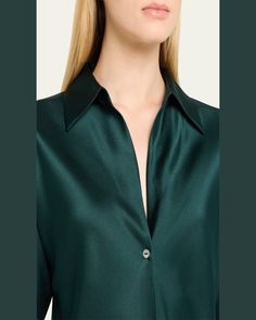 Vince biascut blouse rendered from silk charmeuse     Spread collar; button front    Long bishop sleeves    Barrel button cuffs    Curved hem    Draped fit    Silk    Dry clean    Imported Designer Silk V-neck Blouse, Silk V-neck Blouse With Button Closure, Designer Long Sleeve Blouse With Blouson Sleeves, Designer Blouse With Blouson Sleeves, Green Silk Button-up Blouse, Silk Blouse With Blouson Sleeves And V-neck, Designer Silk Blouse With Spread Collar, Formal Long Sleeve Silk Crepe Blouse, Elegant Green Blouse With Spread Collar