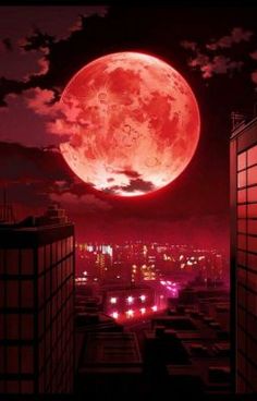 an image of the moon over a city at night with red clouds and buildings in the foreground