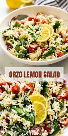 a bowl of orzo lemon salad with spinach and tomatoes