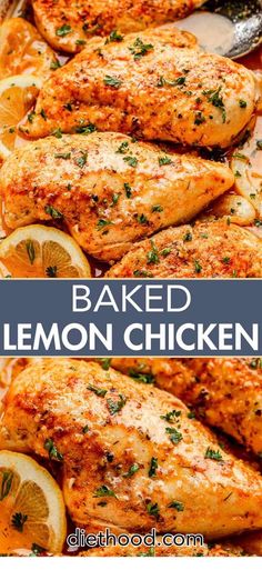 baked lemon chicken in a pan with sliced lemons and parsley