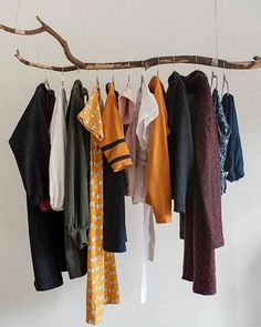 clothes hanging from a branch in front of a white wall