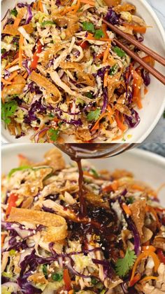 two pictures showing different types of food being made in the same bowl and then being mixed together