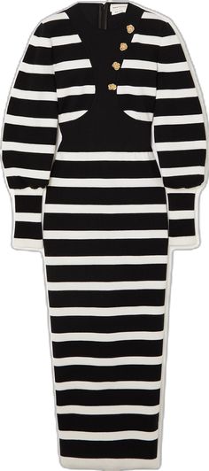 Black Dresses With Contrast Stripes, Fall Striped Ribbed Dresses, Fitted Striped Knit Dress, Chic Striped Sweater Dress For Winter, Chic Striped Sweater Dress For Spring, Fall Striped Knee-length Midi Dress, Chic Striped Ribbed Midi Dress, Chic Ribbed Striped Midi Dress, Fitted Striped Midi Dress For Fall