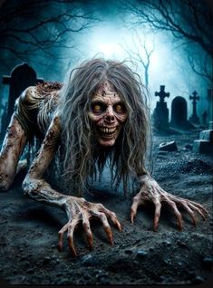 a creepy zombie with long hair is crawling in the dirt and holding his hands out