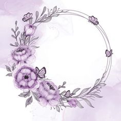 a circular frame with purple flowers and butterflies on a watercolor painted background in the shape of a circle