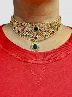 22K Gold Choker Necklace with Cz & Color Stones - 235-GN4827 in 44.900 Grams 22k Gold Bangles, 22k Gold Earrings, 22k Gold Necklace