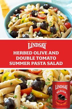 a bowl filled with pasta and olives next to a bottle of lemony herbed olive and double tomato summer pasta salad