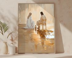 a painting of two people sitting on chairs in the rain, one is looking at the other