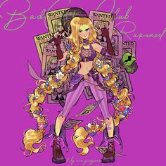 a drawing of a woman with long blonde hair and purple clothes, holding a knife in her hand