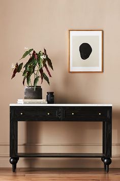 a black table with a potted plant and books on it in front of a pink wall