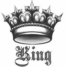 a black and white drawing of a crown with the word king on it