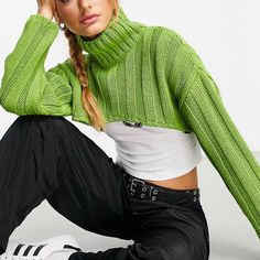 Never Worn Super Crop Rib Sweater With Roll Neck In Green Perfect For Layering Green Cropped Sweater For Winter, Green Cropped Sweater For Fall, Green Fitted Cropped Sweater For Winter, Fitted Green Cropped Sweater For Winter, Crop Knit Sweater, Rib Sweater, Cropped Knit Sweater, Roll Neck Sweater, Roll Neck