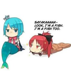 two anime characters sitting next to each other, one with blue hair and the other with red