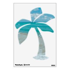 a blue palm tree on the beach wall decal in front of a white background