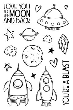 a black and white drawing of an outer space scene with the words love you to the moon and back