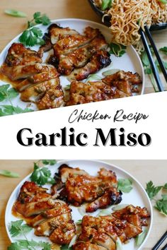 chicken recipe garlic miso on a plate with chopsticks