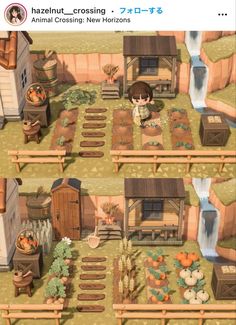 two pictures of an outdoor area with various plants and animals in the yard, along with several wooden buildings