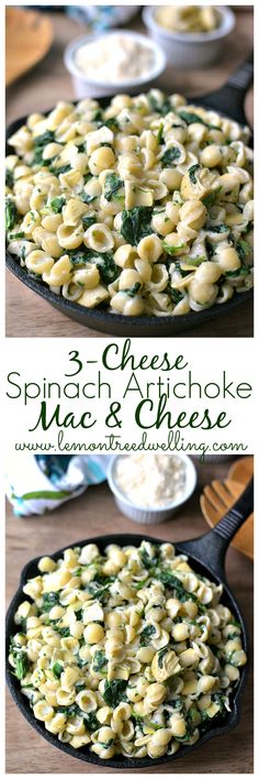 spinach and artichoke macaroni and cheese in a cast iron skillet