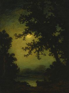 an image of a painting with trees and the moon in the sky over water at night