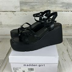 Nwb Madden Girl Volt Womens Size 10m Black Faux Leather Buckle Strappy Sandals, New With Box Wedge Sandal 4" Platform Buckle Closure Madden Girl Platform Sandals, Madden Girl Sandals, White Slides Sandals, Taupe Sandals, Rose Gold Sneakers, Dressy Sandals, Floral Sandals, Braided Sandals, Womens Sandals Wedges