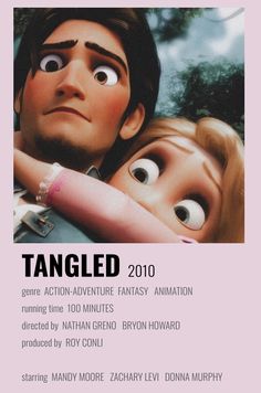 an advertisement for the animated movie tangled with two people and one is looking at something