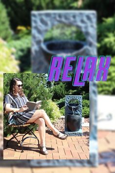 a woman sitting in a chair on top of a brick floor next to a potted plant