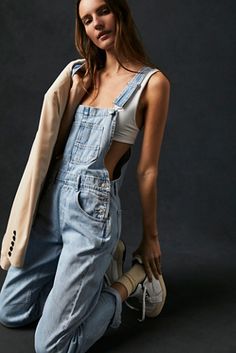 Ziggy Denim Overalls | Free People Sitcom Outfits, Closet Capsule Wardrobe, Long Jumpsuit Casual, Closet Capsule, Denim Photoshoot, Loose Overalls, Making Bread, Long Jumpsuit, Wide Leg Romper