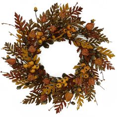 a wreath with leaves, berries and acorns is shown against a white background