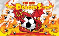 a red dragon soccer poster with the names of its teams and their respective team colors